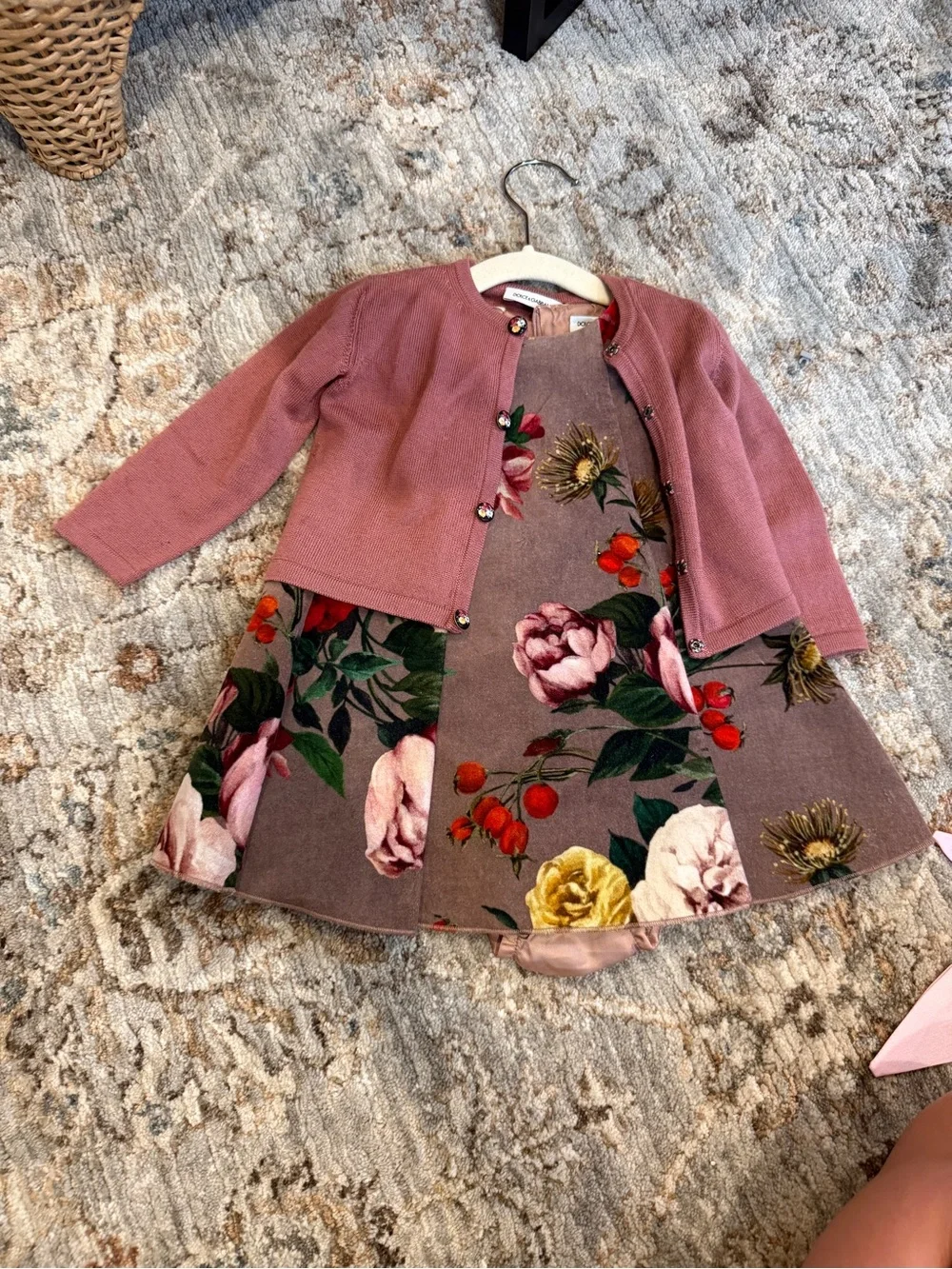 NWT Dolce & Gabbana Baby Floral Velvet Dress, Bloomers & Wool Cardigan 6-9